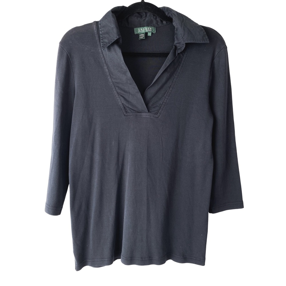 Lauren Ralph Lauren Women Polo Top L Black Cotton V Neck 3/4 Sleeve Quiet Luxury